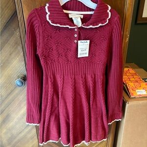 Happy Thread Girls' Wine Knit Dress with White Scallop Trim